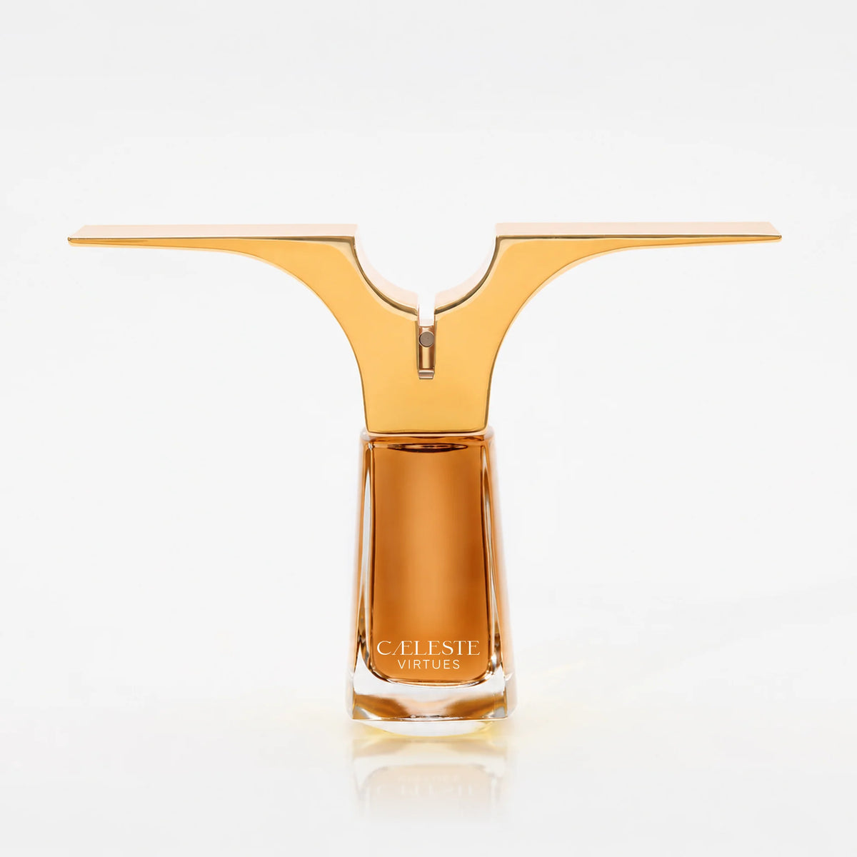 Flacon de Virtues, extrait de parfum Cæleste, vu de face sur son reflet