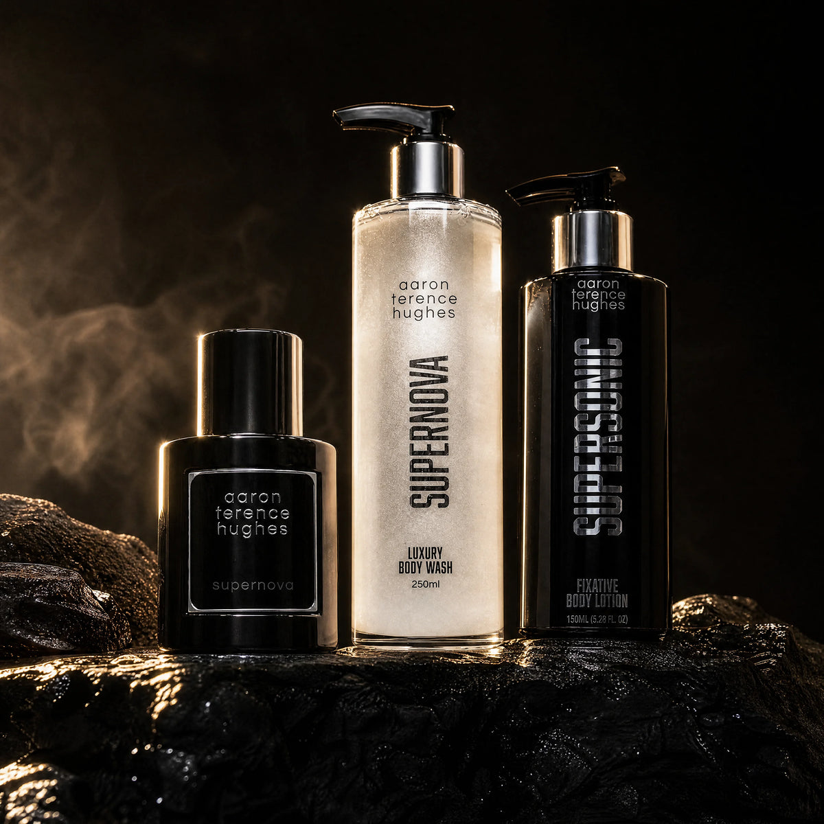 Coffret Supernova Expérience Aaron Terence Hughes — parfum, gel douche et lotion sur pierre volcanique
