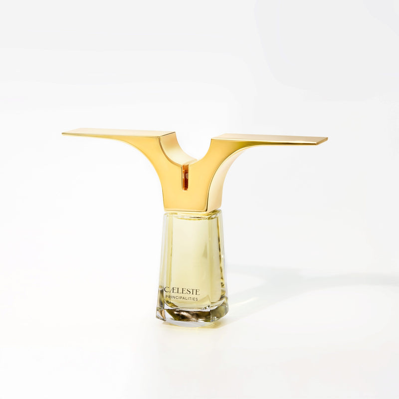 Bouteille de parfum Principalities par Caeleste avec flacon élégant et design sophistiqué, visible en gros plan.